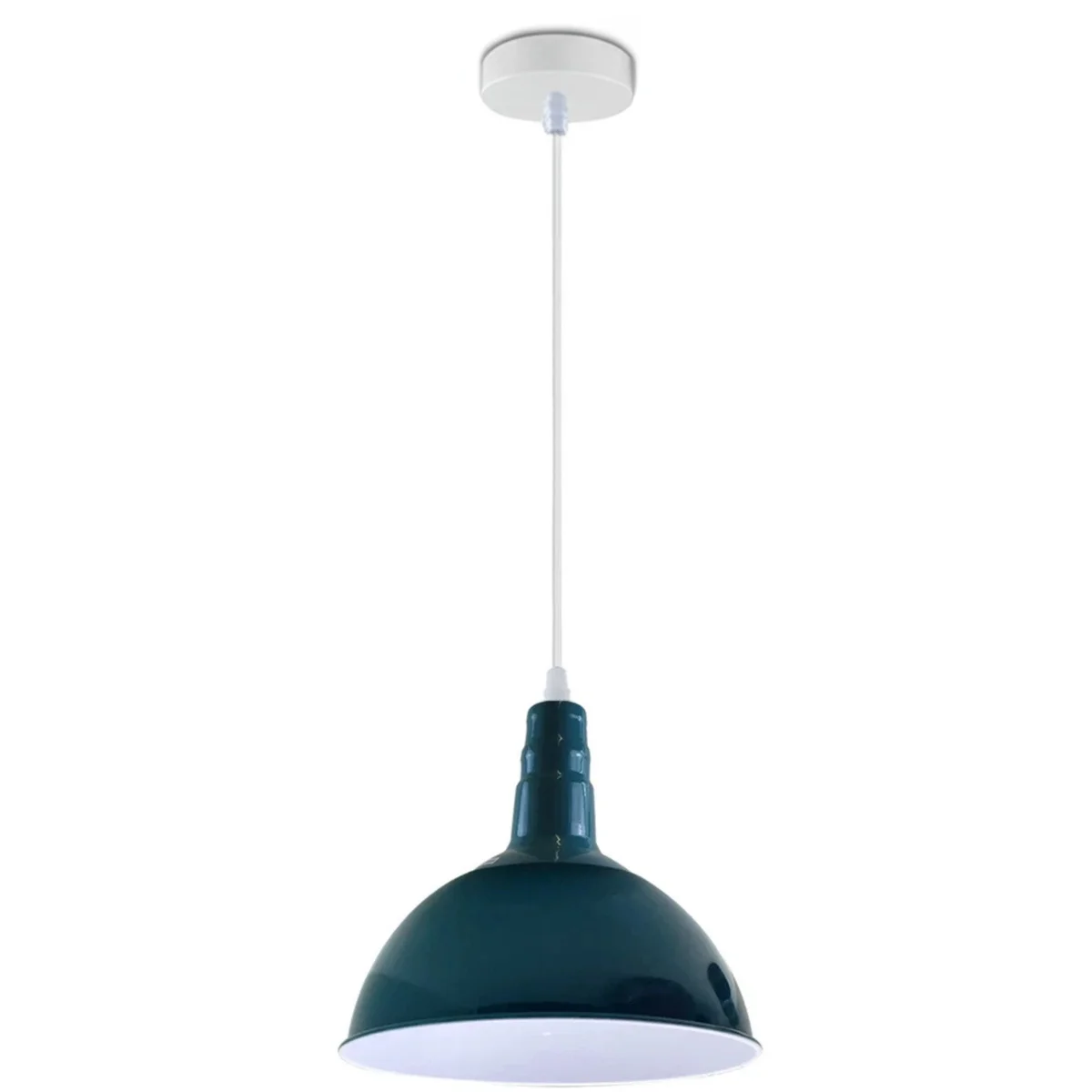 Blue metal and fabric ceiling light with 30cm shade, hanging from 95cm fabric cable, modern retro pendant design