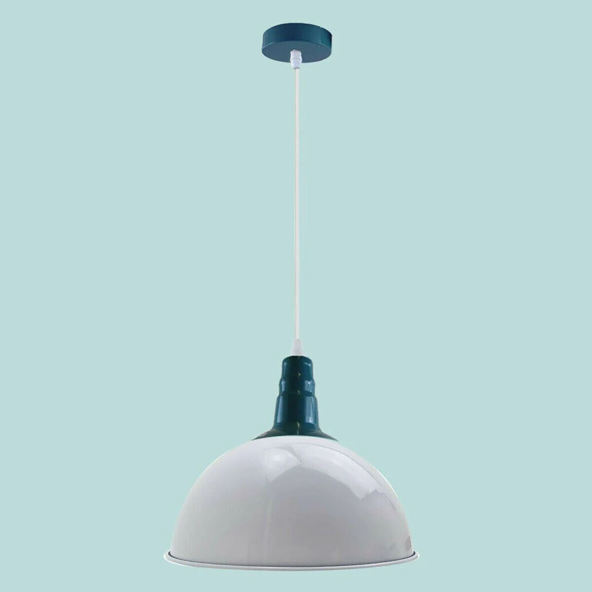 Blue dome bar pendant light with angled hood and red ceiling rose, hanging over a kitchen island with 95cm cable