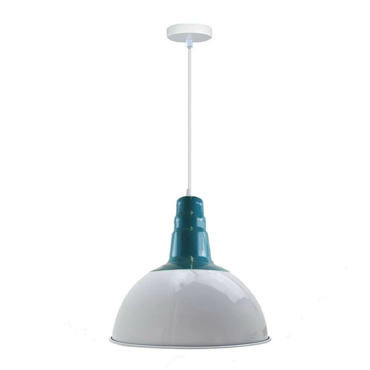 Blue dome-shaped modern pendant light with red ceiling rose and angled hood for kitchen or bar lighting
