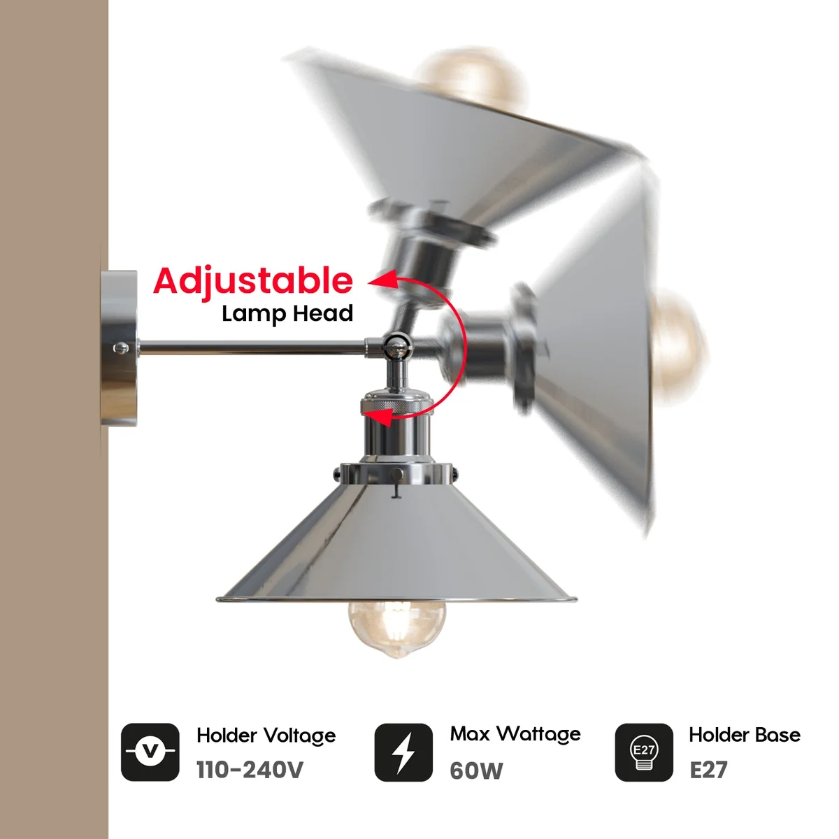 Adjustable wall sconce with satin nickel cone shade, metal arm and E27 holder, mounted on wall.