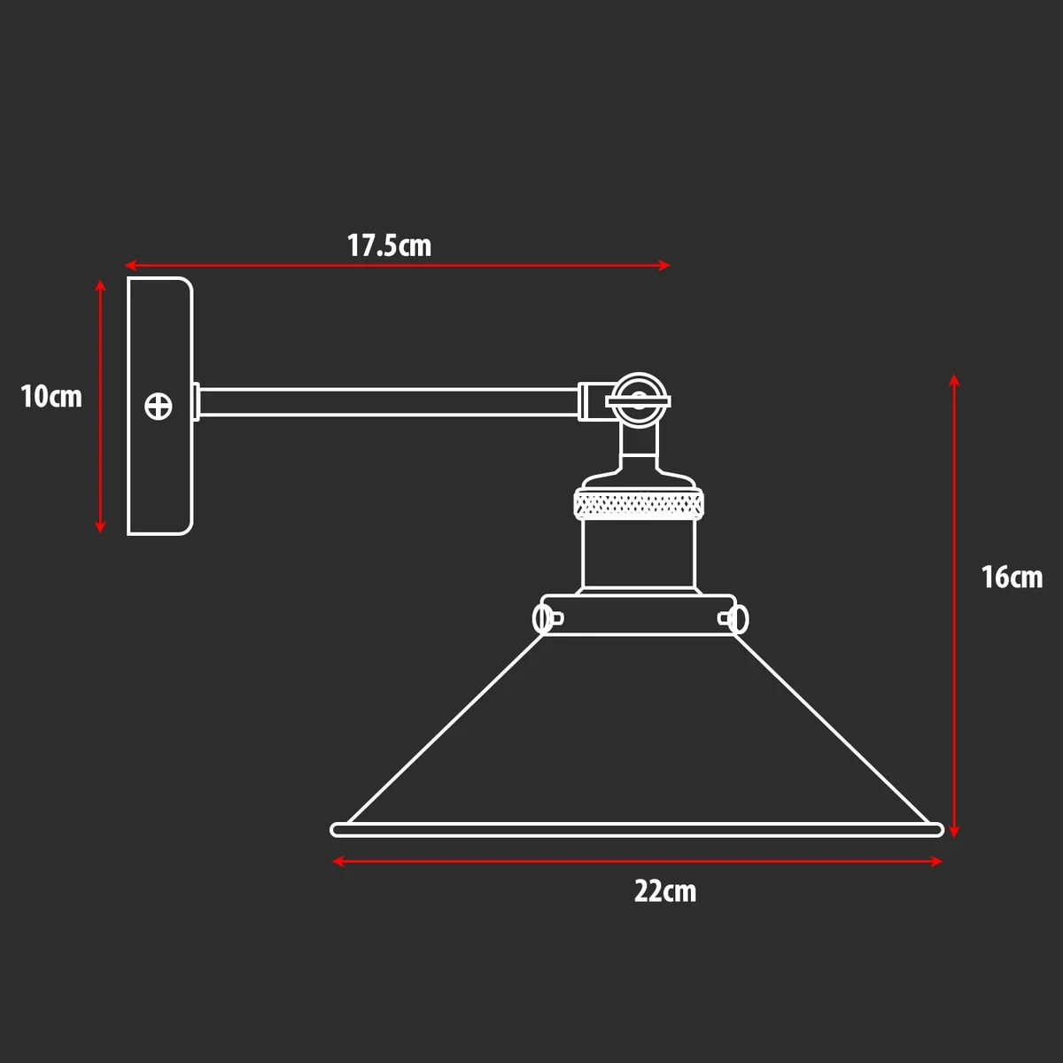 Adjustable industrial metal wall lamp with satin nickel cone shade, wall‑mounted lighting fixture for modern decor.