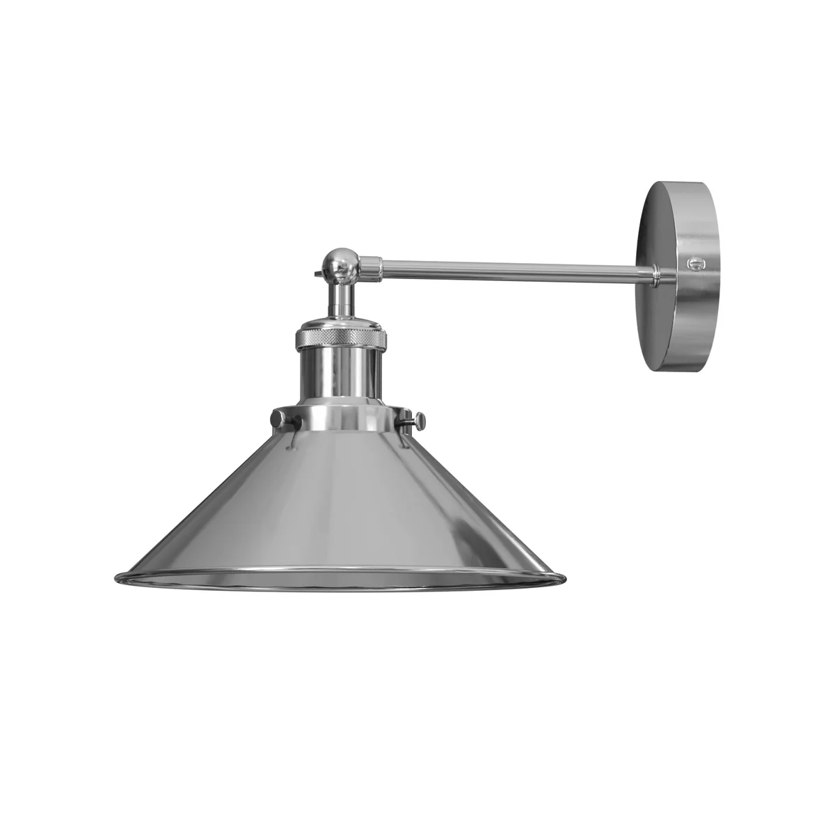 Wall mounted reading light with satin nickel metal cone shade, adjustable arm, ideal for bedside or work area illumination
