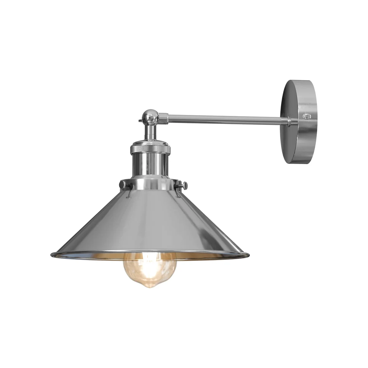 Industrial wall lamp with satin nickel cone shade mounted on wall, adjustable arm and E27 holder, modern kitchen décor.