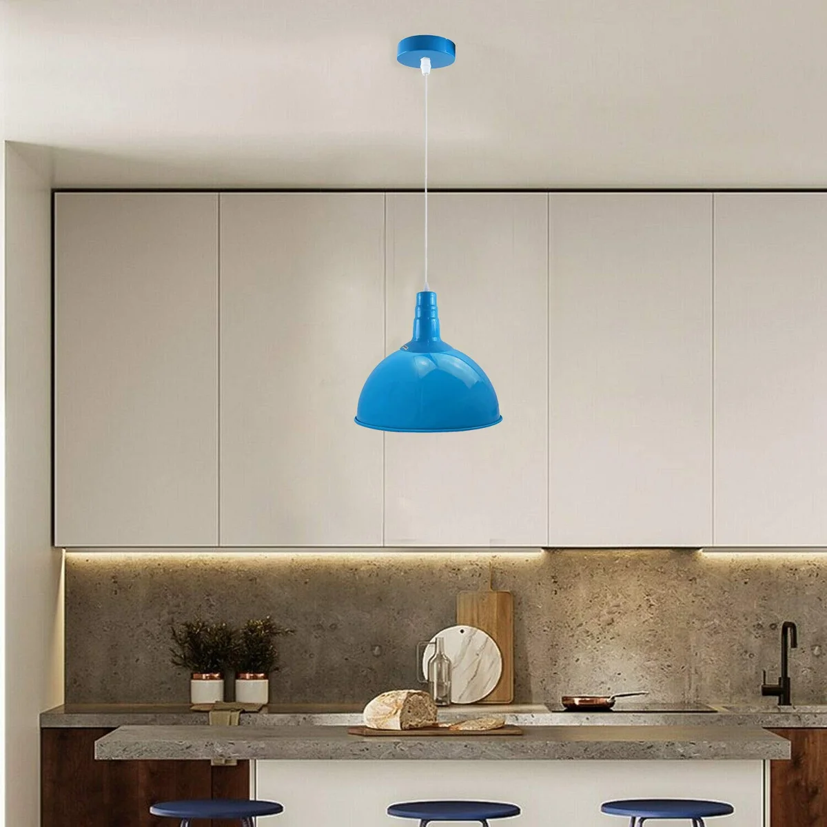 Blue dome-shaped modern pendant lighting with white interior, metal and PVC, angled for sloped ceilings, E27 base