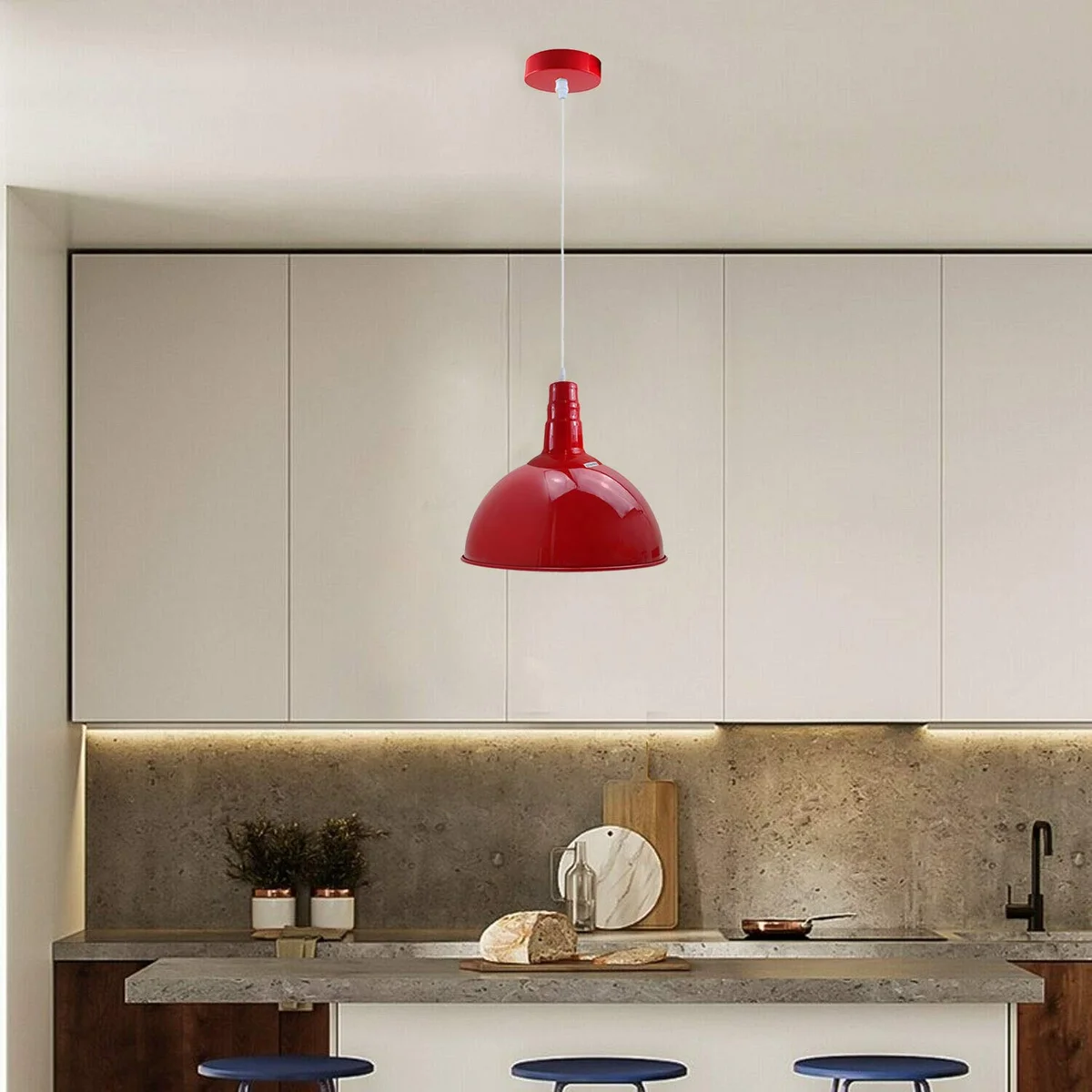 Blue modern pendant lighting with dome shade, angled base, and 95cm cable for restaurant or cafe ceiling installation