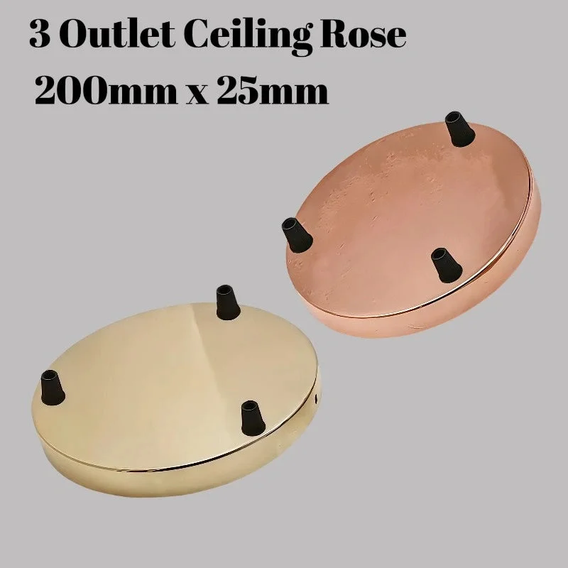 Vintage brass ceiling rose with three holes and antique industrial design for pendant lights or chandeliers, 8-inch diameter