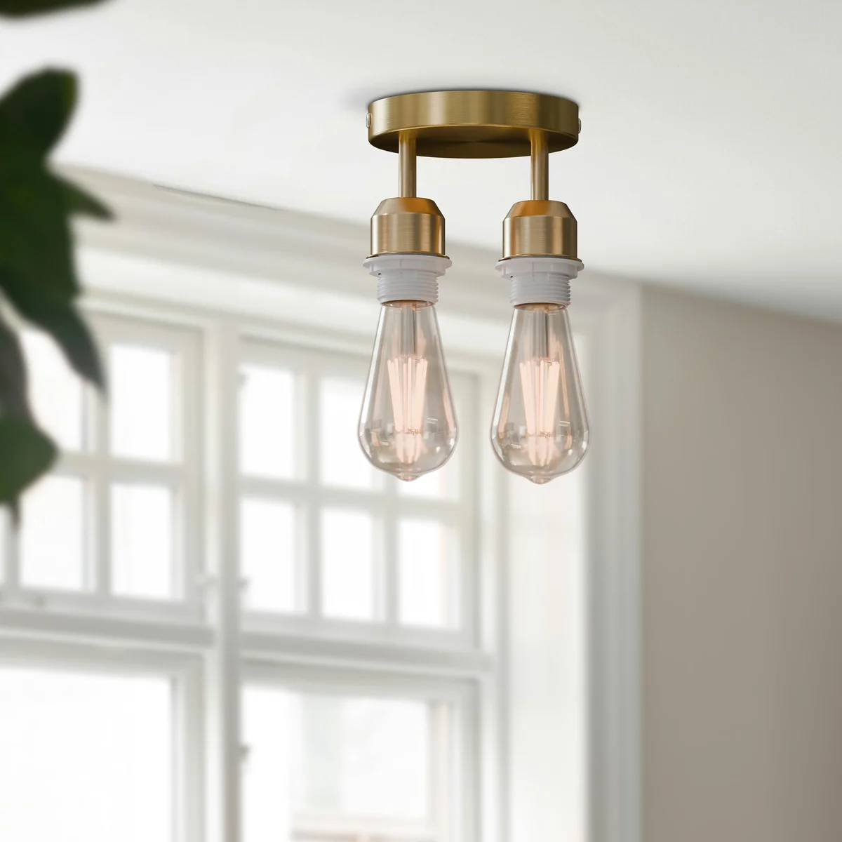 Modern industrial 2 way ceiling light with circular metal rose and twin E27 lamp holders in black finish