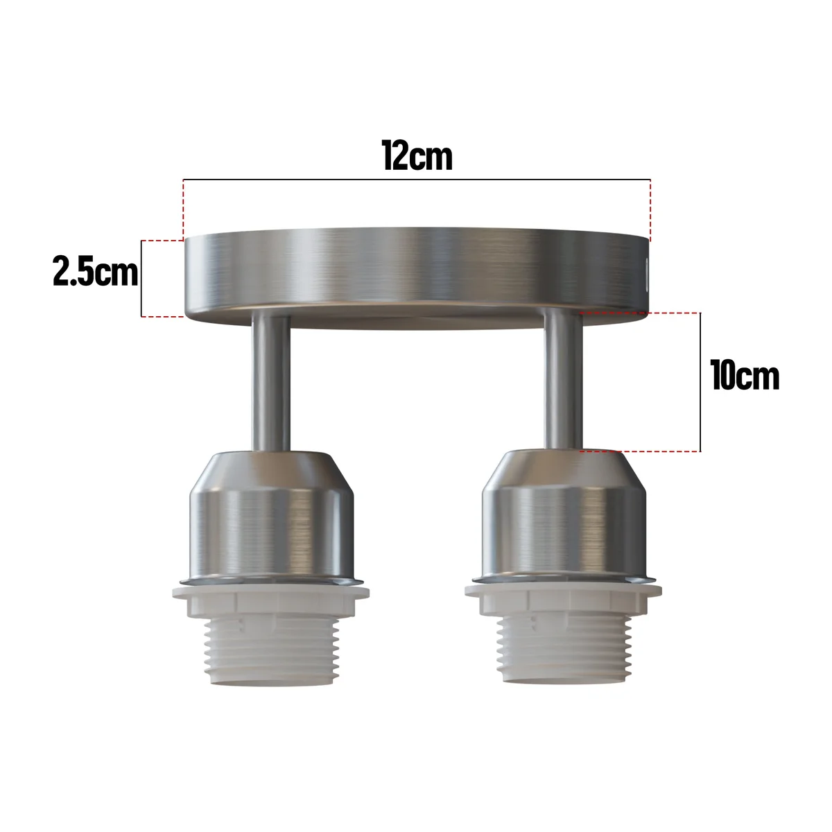 Modern industrial 2 way E27 ceiling light with circular metal rose and twin lamp holders in black finish