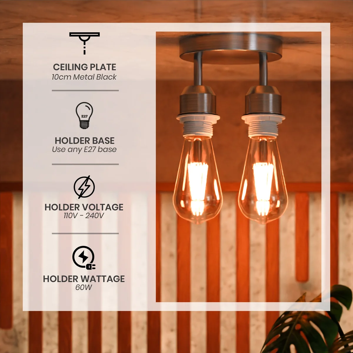 Modern industrial metal ceiling light with two E27 lamp holders and circular ceiling rose in matte finish