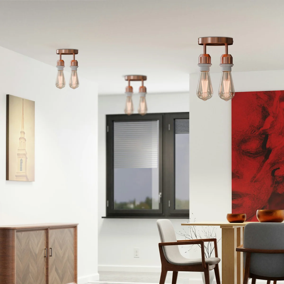 Modern industrial 2 way indoor ceiling light with metal circular rose and twin E27 lamp holders mounted on ceiling