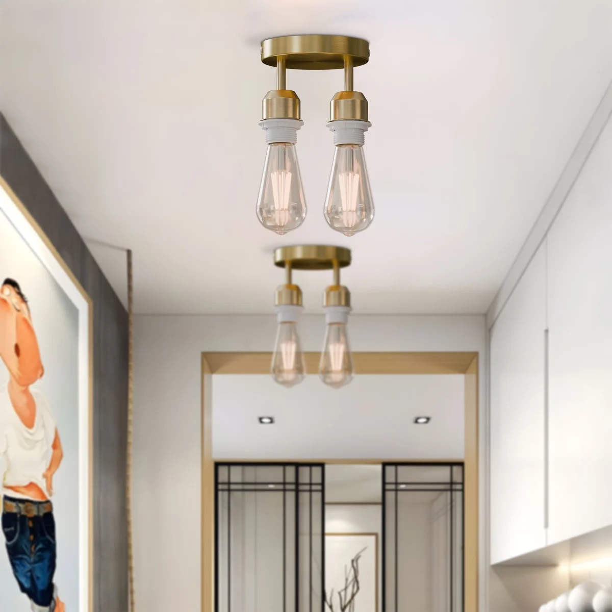 Modern industrial 2 way ceiling light with metal circular rose and twin holders, energy efficient light compatible with E27 bulbs