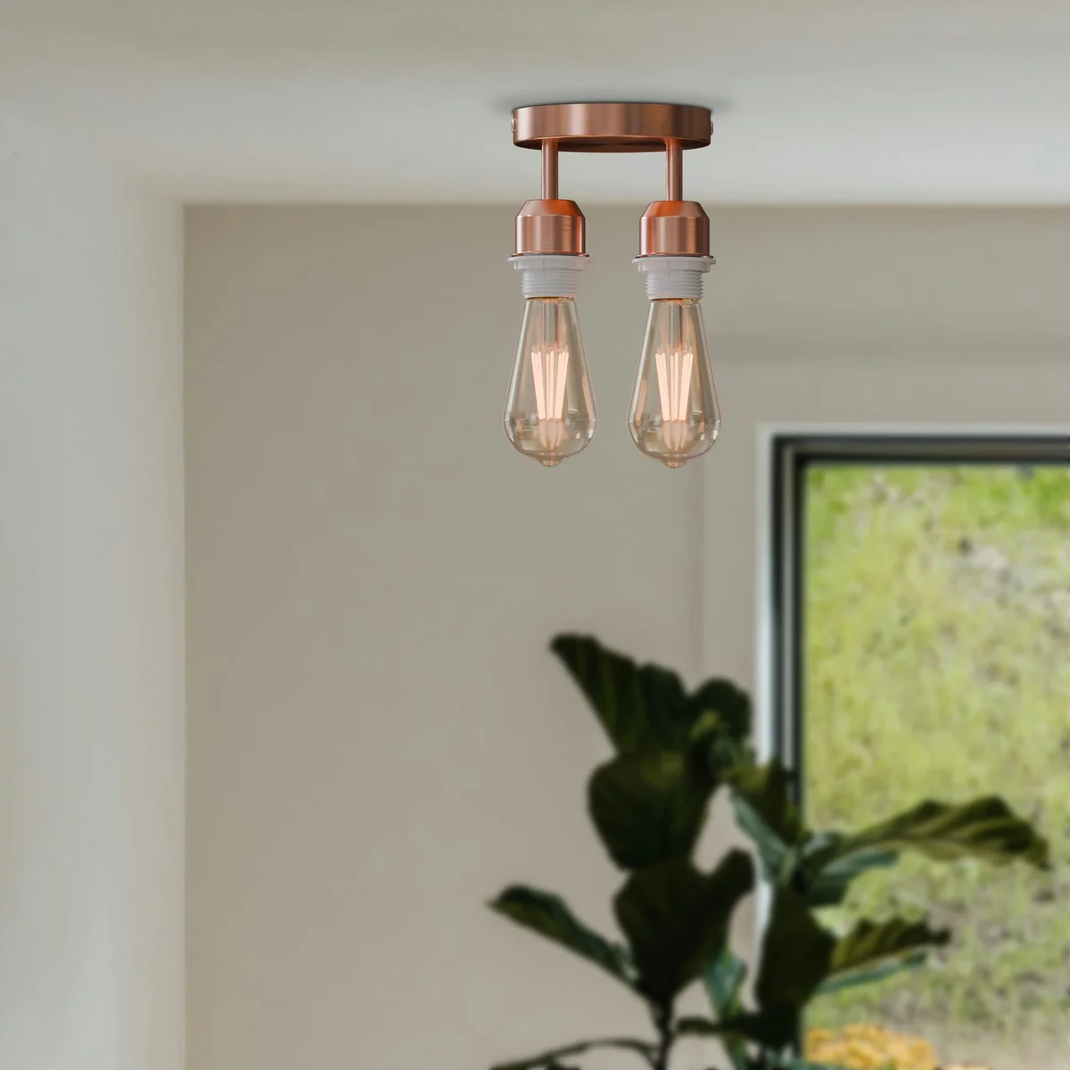 Modern industrial 2 way ceiling light with circular metal rose and two E27 lamp holders, ceiling mounted, sleek design