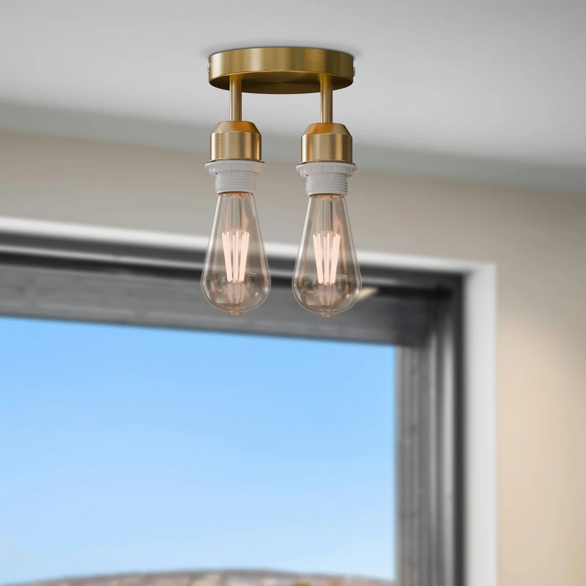 Modern industrial 2 way ceiling light with circular metal rose and twin E27 lamp holders, mounted on white ceiling