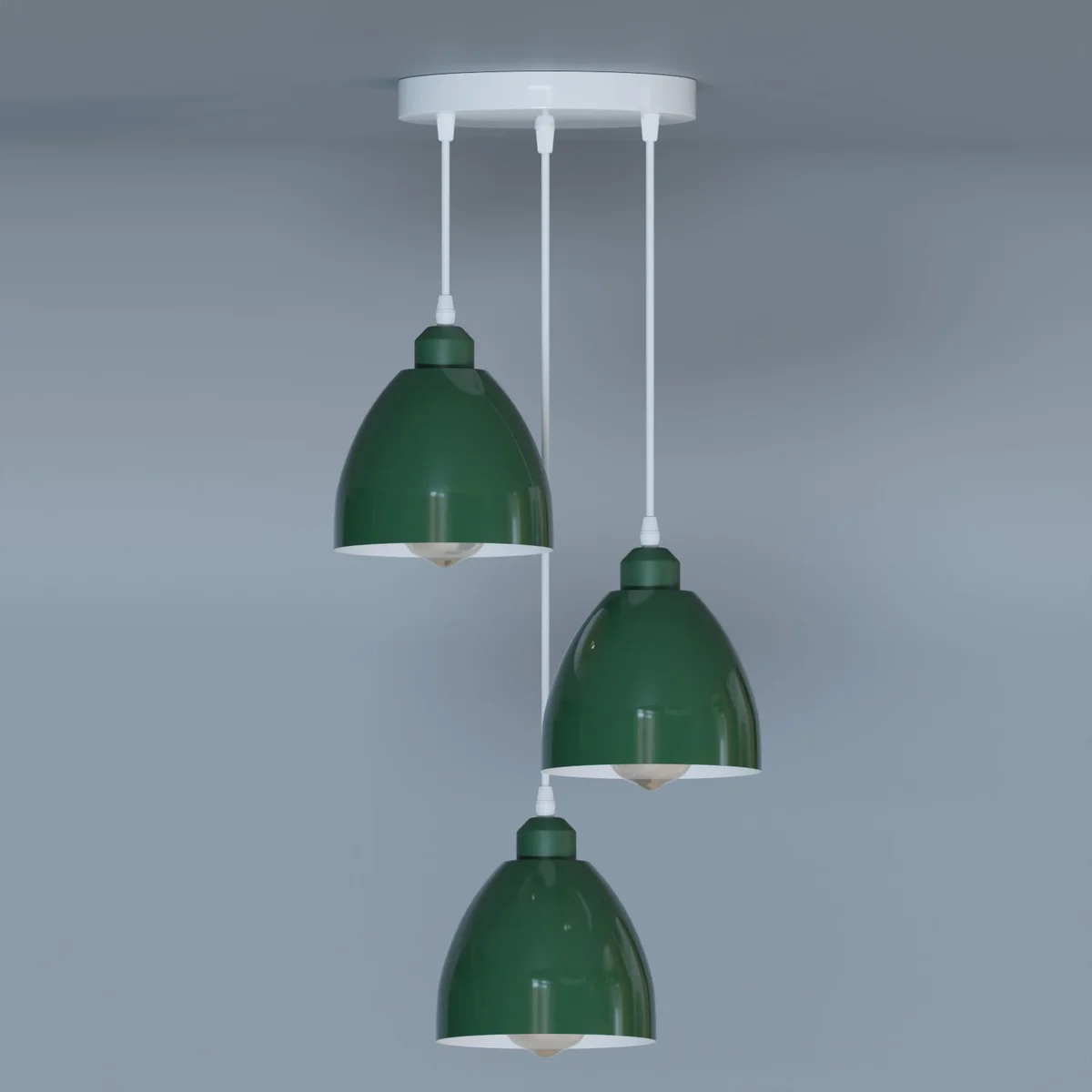 Industrial ceiling light with three adjustable metal shades hanging from a 20cm ceiling rose, E27 bulb holders visible