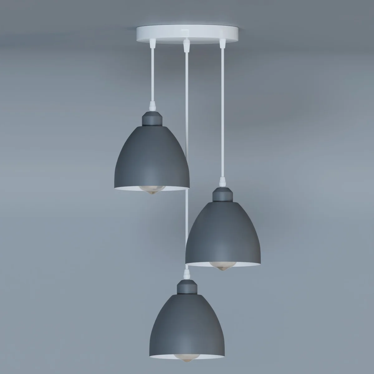 Industrial 3-head pendant light with adjustable cables and metal shades, showcasing dimmable pendant lighting in modern style