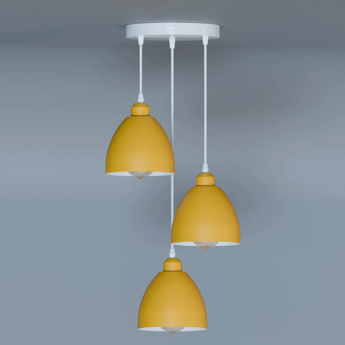 Three-head industrial pendant light with adjustable cables, metal shades, and E27 bulb holders, ceiling mounted design