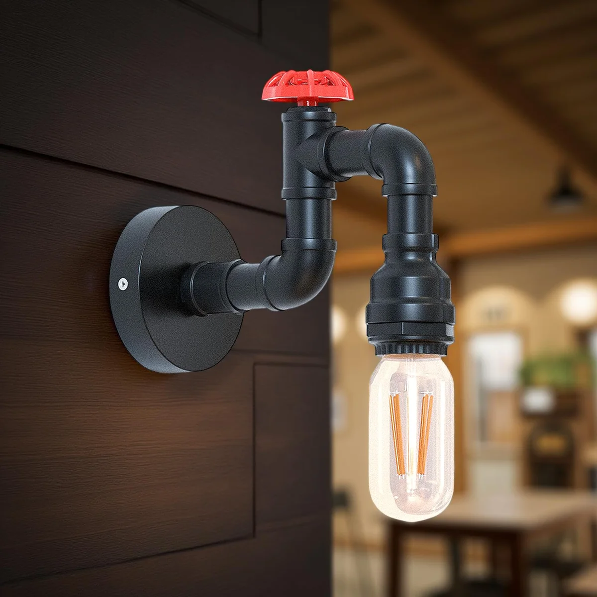 Black metal pipe style ceiling fitting with vintage industrial design and textured finish, 10cm diameter ceiling rose