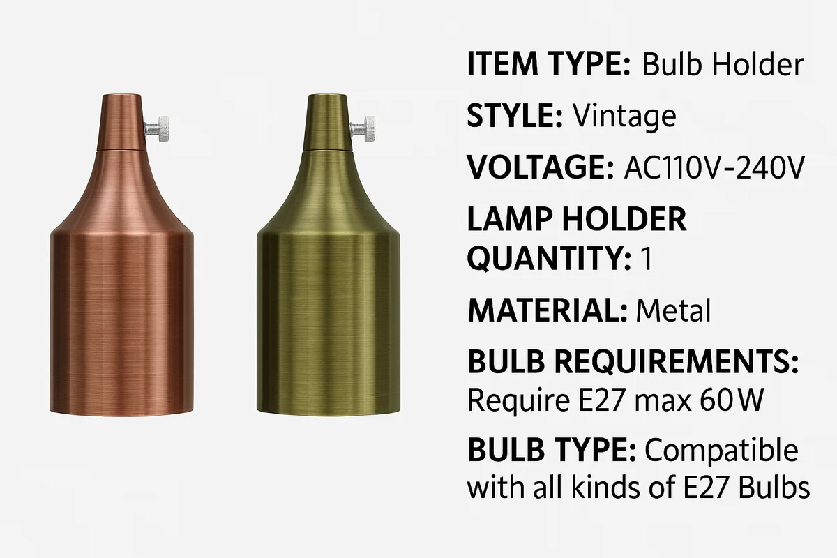 Metal lamp holder with E27 socket, vintage style, designed for indoor use, compatible with max 60W bulbs.