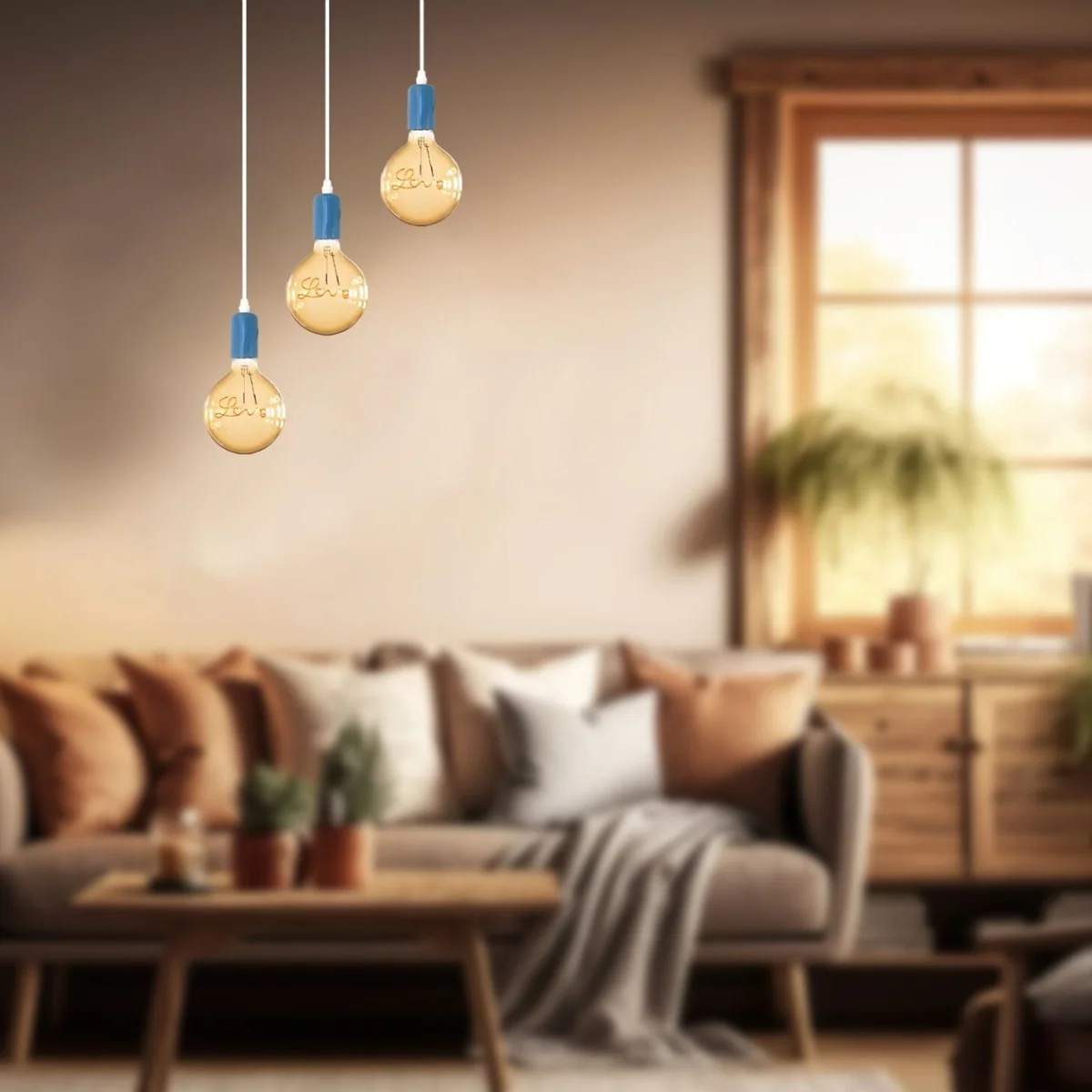 Decorative pendant light with amber globe glass bulb and round metal base hanging from 95 cm cable against white background