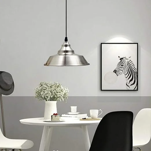 Satin nickel metal kitchen island pendant light with white inner shade, adjustable cable, vintage style, E27 bulb holder