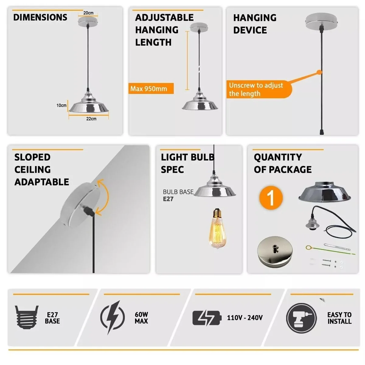 Satin nickel adjustable pendant lights with metal shade, white interior, hanging from a 95 cm cable against a white background