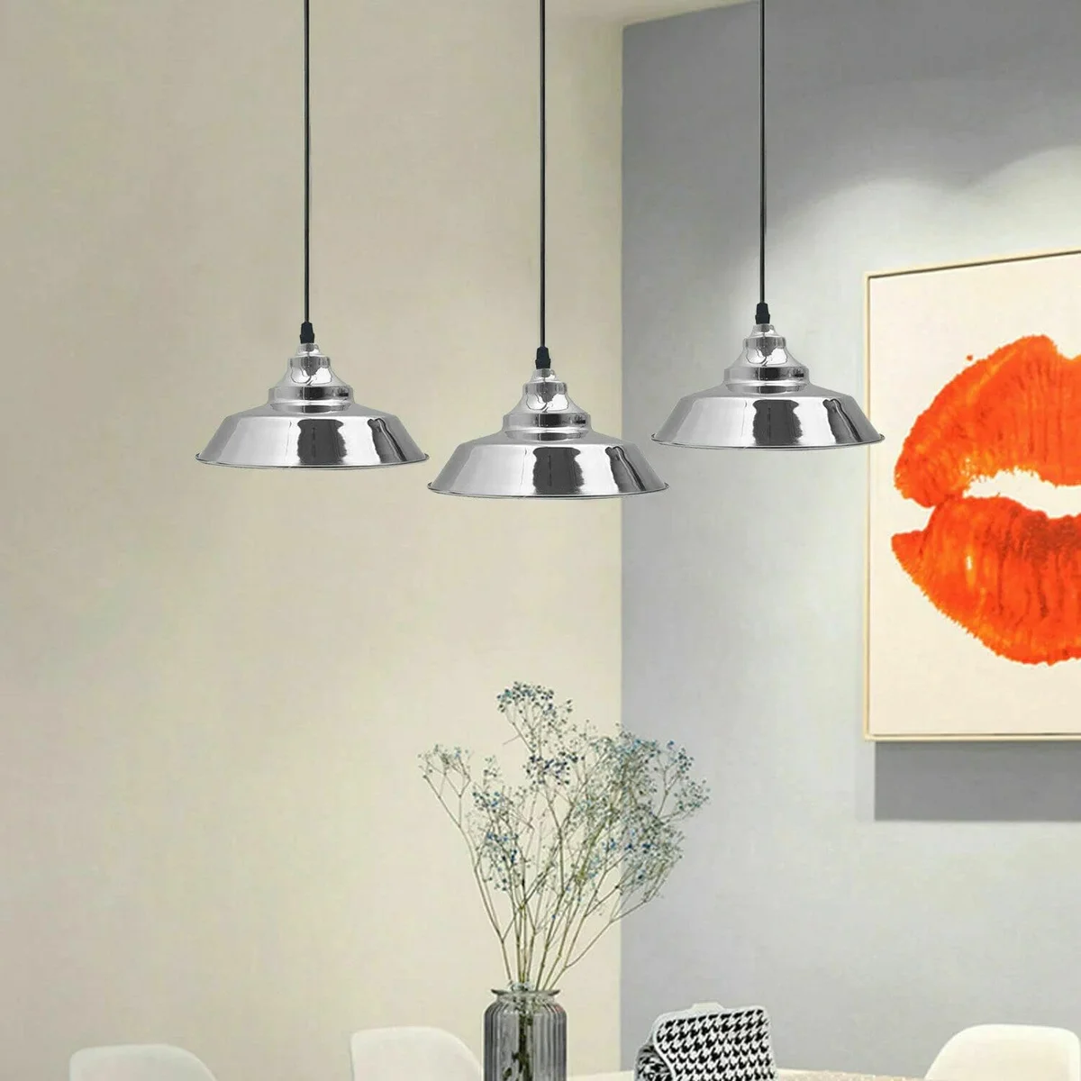 Vintage kitchen lighting featuring a satin nickel metal pendant with white inner shade and adjustable 95 cm cable