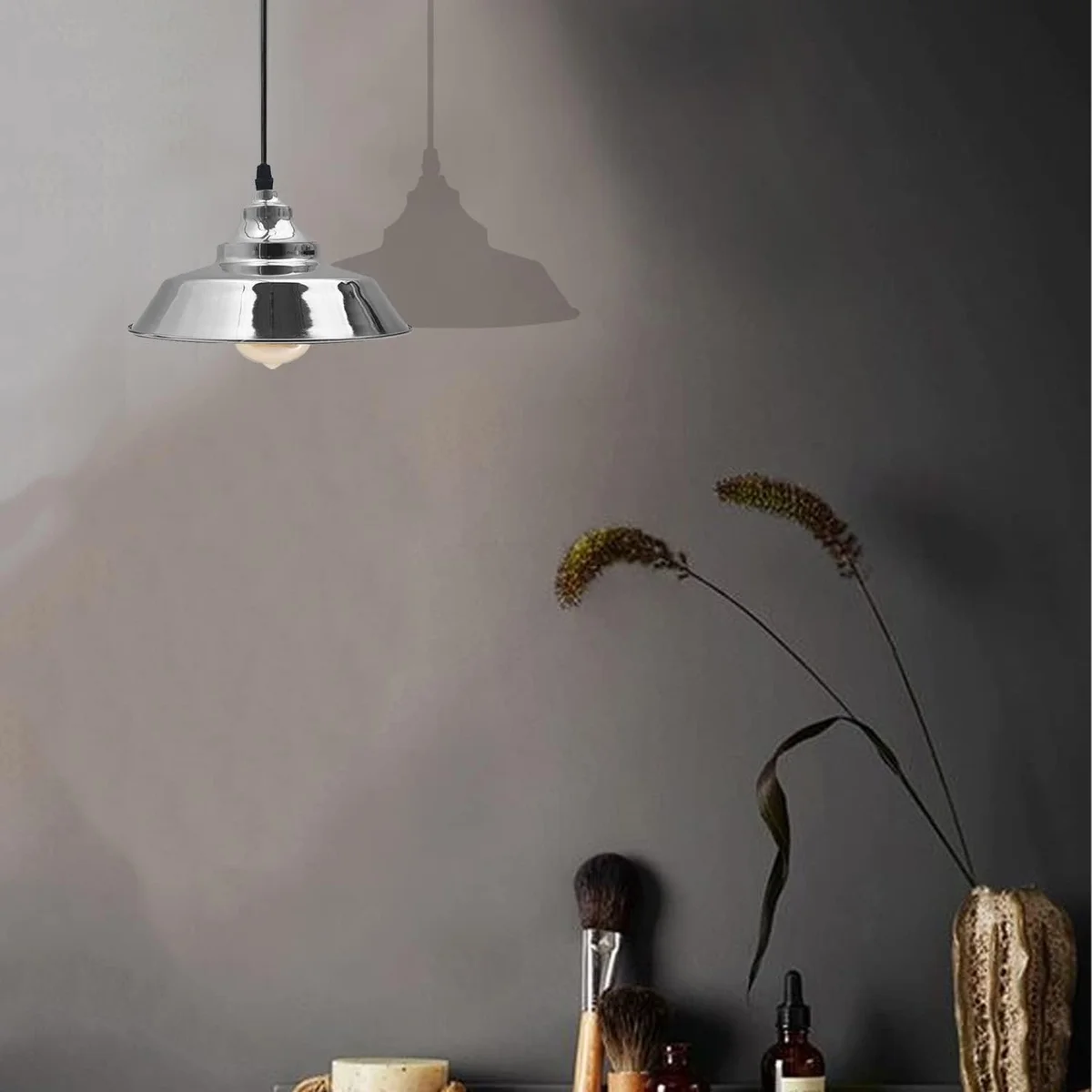 Satin nickel vintage dimmable pendant light with white inner metal shade and adjustable 95 cm cable hanging indoors