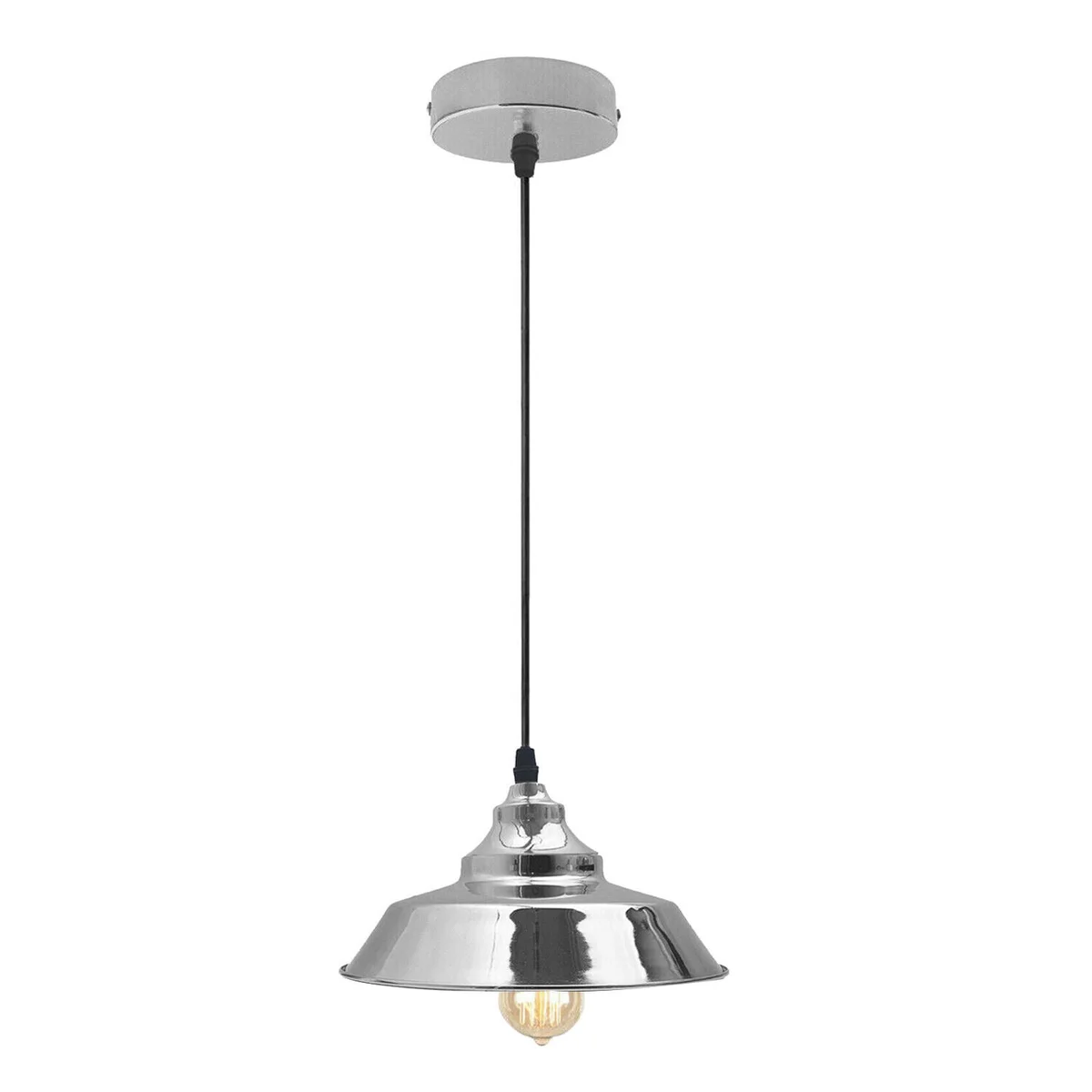 Satin nickel pendant with white inner metal shade, adjustable cable, vintage style kitchen island light fixture