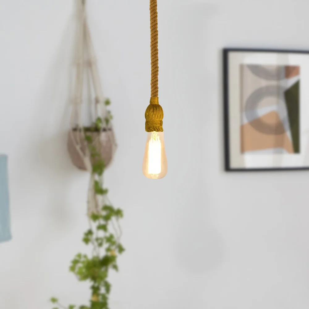 Hemp pendant light with E27 bulb holder, hanging ceiling lamp made of natural hemp rope in vintage country style