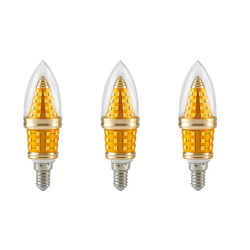 Retro style E14 LED candle bulb with flame tip, clear glass, cool white light, 12W, golden and silver finish