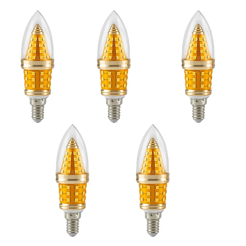 Retro flame tip bulb with clear glass, golden and silver finish, E14 base, designed for chandeliers and vintage lighting