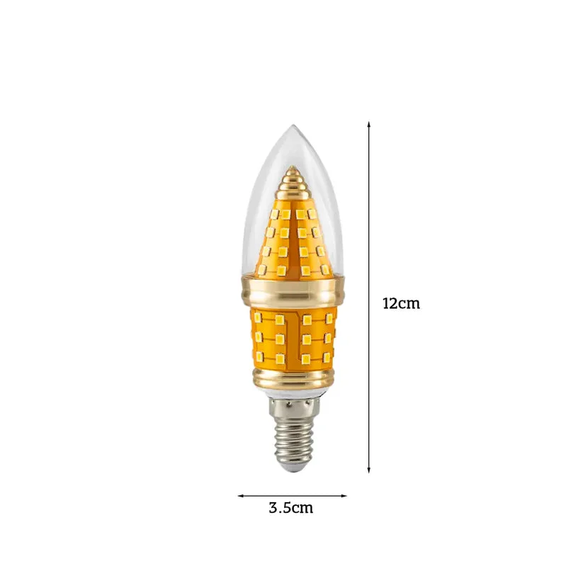 Retro style E14 LED candle bulb with flame tip, clear glass, cool white light, and golden silver finish on chandelier