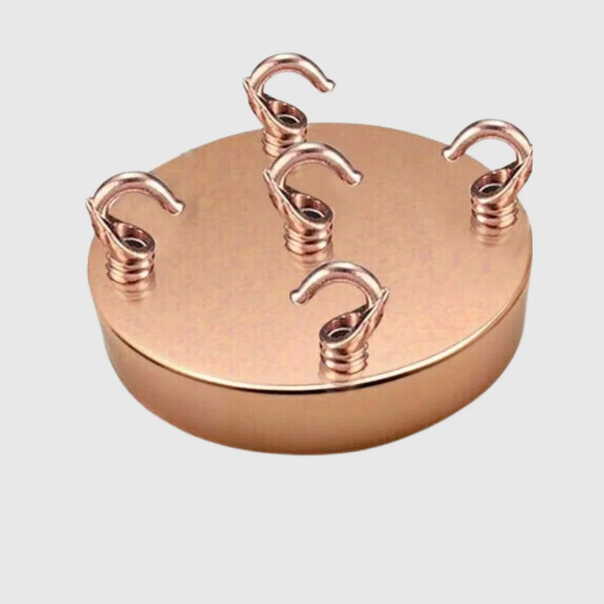 Rose gold multi outlet ceiling rose with five copper hooks for pendant lights, 12cm diameter metal fixture