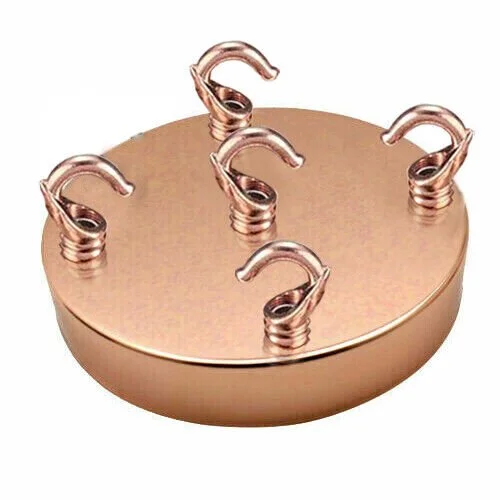 Rose gold ceiling rose with five hooks, round metal design, 12cm diameter, suitable for multi-light pendant fixtures