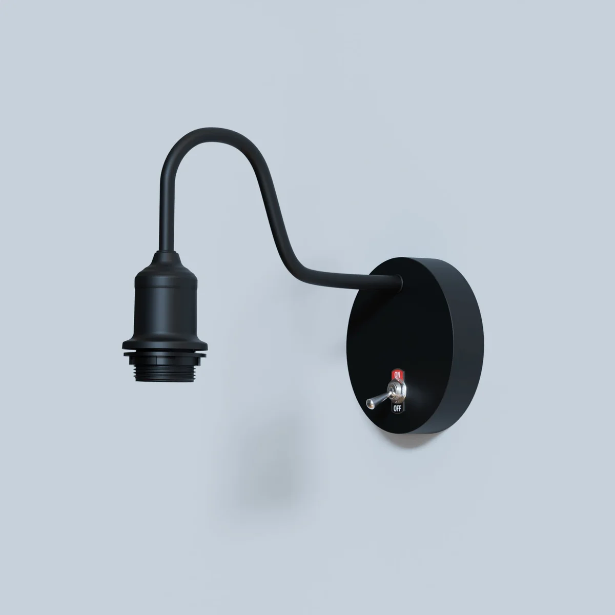 Modern wall light with industrial metal and PVC design, ceiling rose, toggle switch, and swan neck arm in black finish