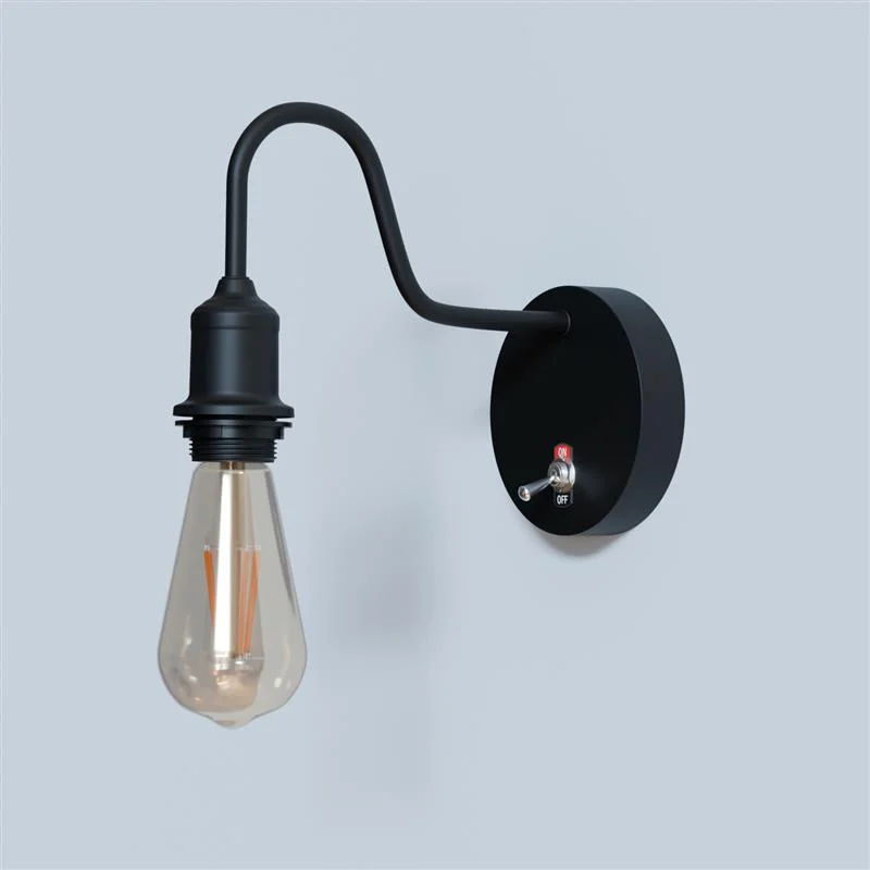 Industrial style toggle switch wall light with metal swan neck and ceiling rose, compatible with E27 bulbs, indoor use.