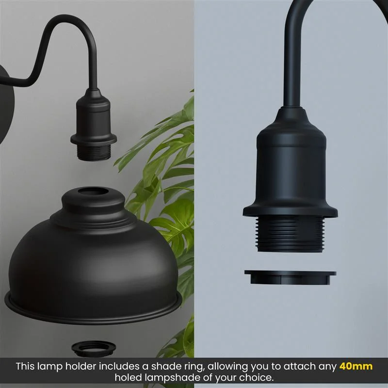 Industrial style E27 base wall lamp with metal swan neck and ceiling rose featuring an on/off toggle switch
