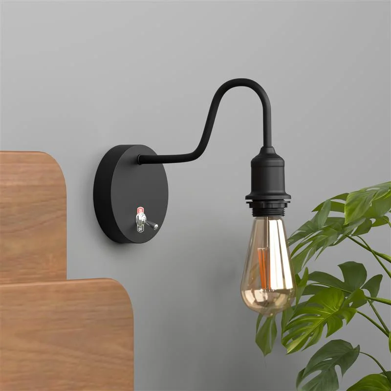 Indoor metal wall sconce with vintage toggle switch, E27 bulb holder, and curved swan neck on a ceiling rose base