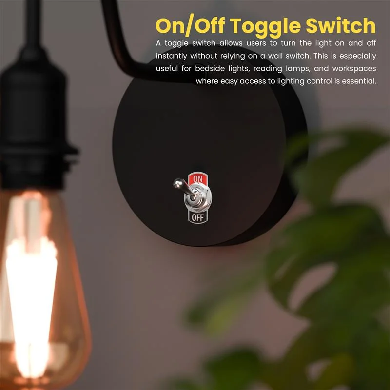 Modern ceiling rose wall light with metal swan neck and built-in toggle switch, E27 bulb holder visible against white background