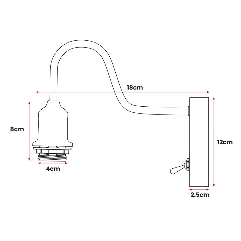 Modern wall light with metal swan neck, toggle switch on ceiling rose, E27 bulb holder, industrial vintage style