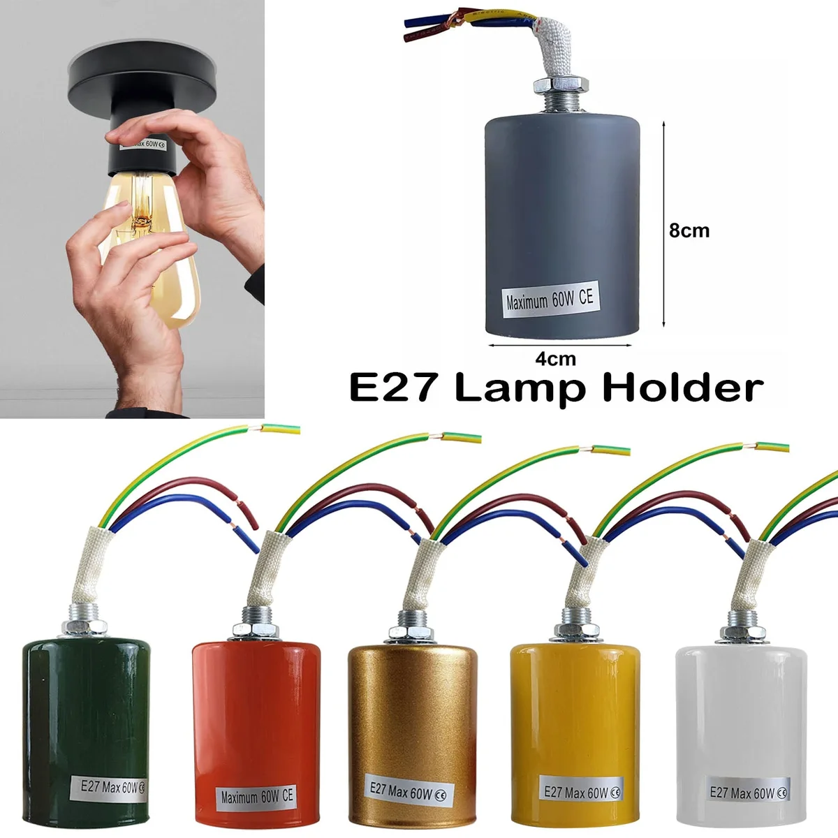 E27 bulb holder in gold metal socket with transparent view of exposed E27 base, 8cm height, 4cm diameter
