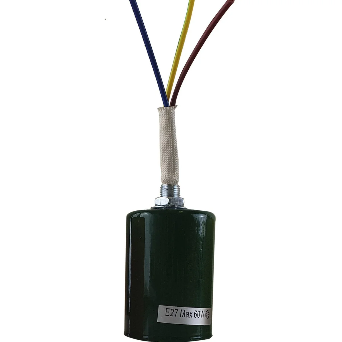 Metal light socket with E27 base, 8cm tall, 4cm diameter, in yellow, green, grey, orange, gold or white.