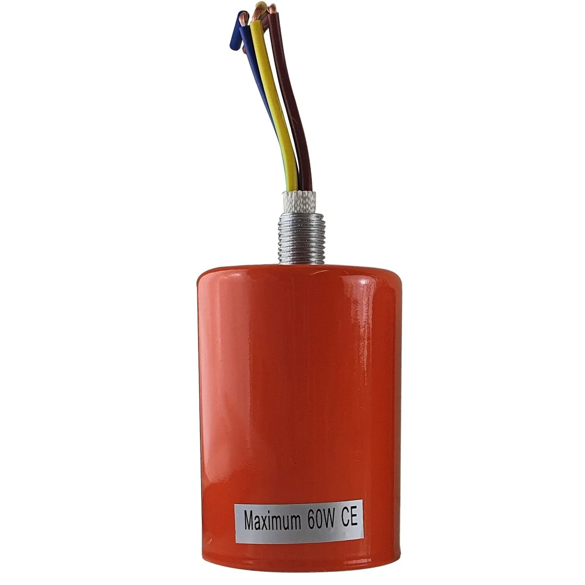 E27 bulb holder in yellow metal, 8cm tall, 4cm wide, featuring threaded pipe cord grip for vintage fittings.