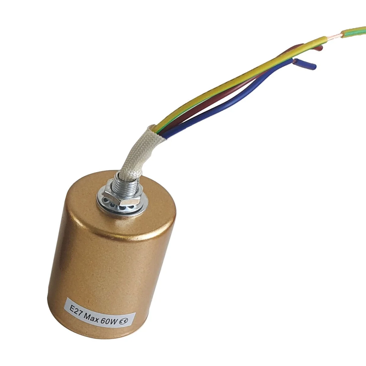 E27 bulb holder in metal housing, showing yellow slot, vintage style, 8cm height, 4cm diameter