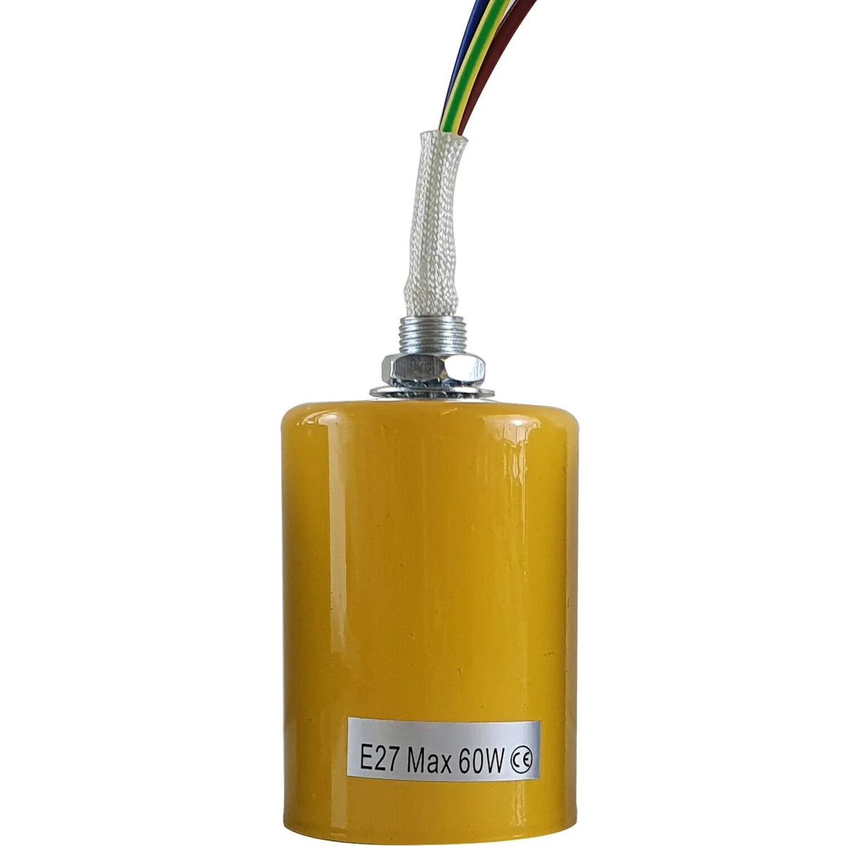 E27 bulb holder in metal, 8 cm height and 4 cm diameter, colour choices include yellow, green, grey, orange, gold and white, featuring a threaded pipe grip.