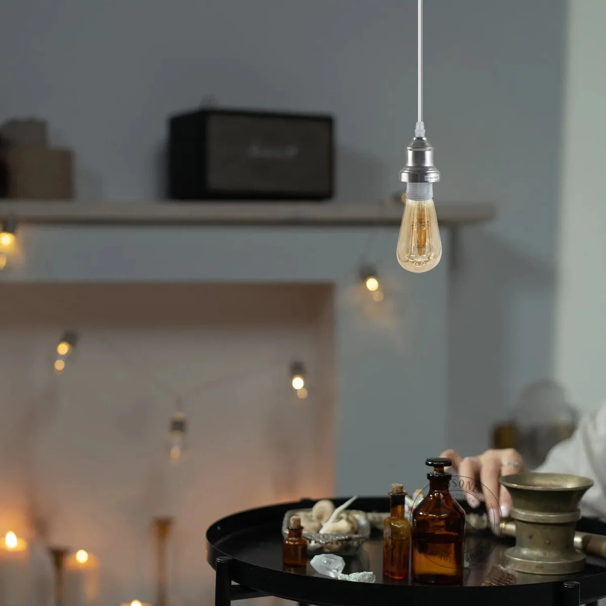 Satin nickel E27 pendant light with adjustable 95cm round cable and metal lamp holder for ceiling mounting