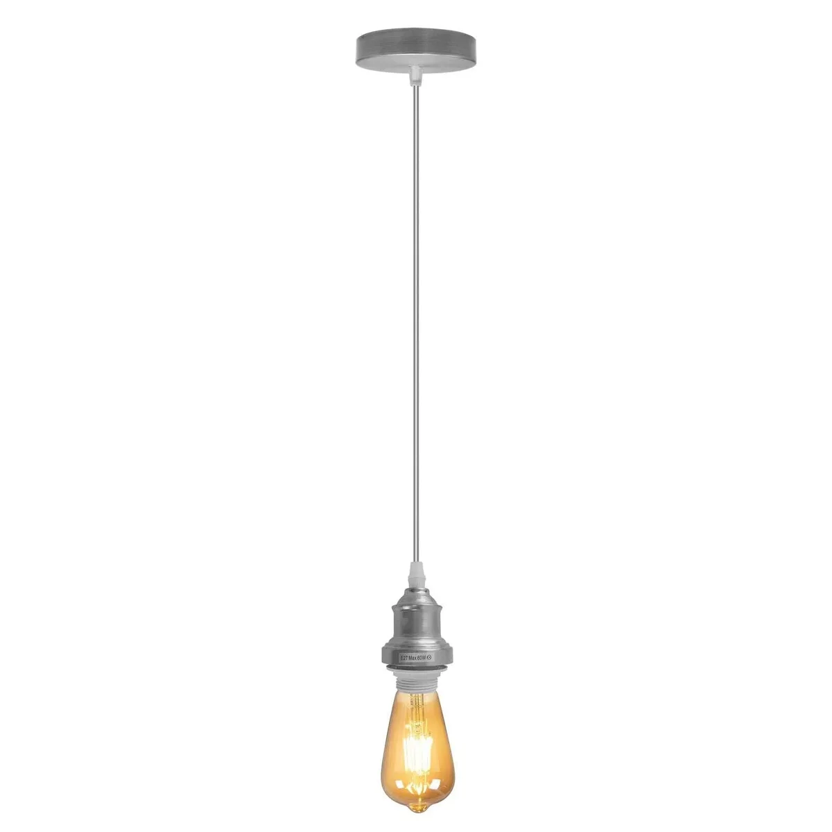Satin nickel adjustable pendant light with metal base and 95cm round cable, suitable for E27 bulbs, ceiling mounted