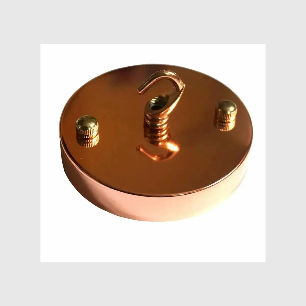 Round industrial style rose gold ceiling rose with metal cord grip and mounting bracket, 100mm diameter, 20mm deep