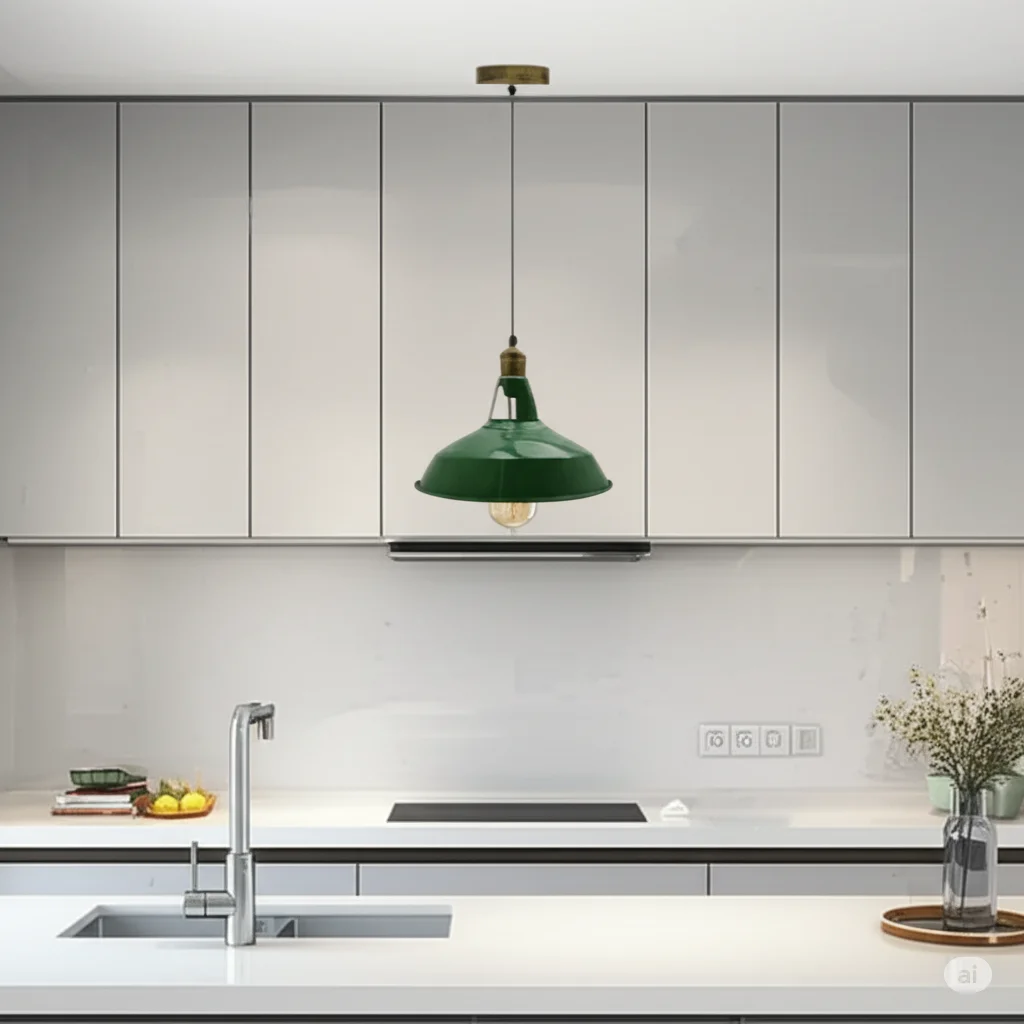 Green modern pendant ceiling light with metal shade and 95cm cord, suitable for E26 bulbs, shown hanging from ceiling canopy