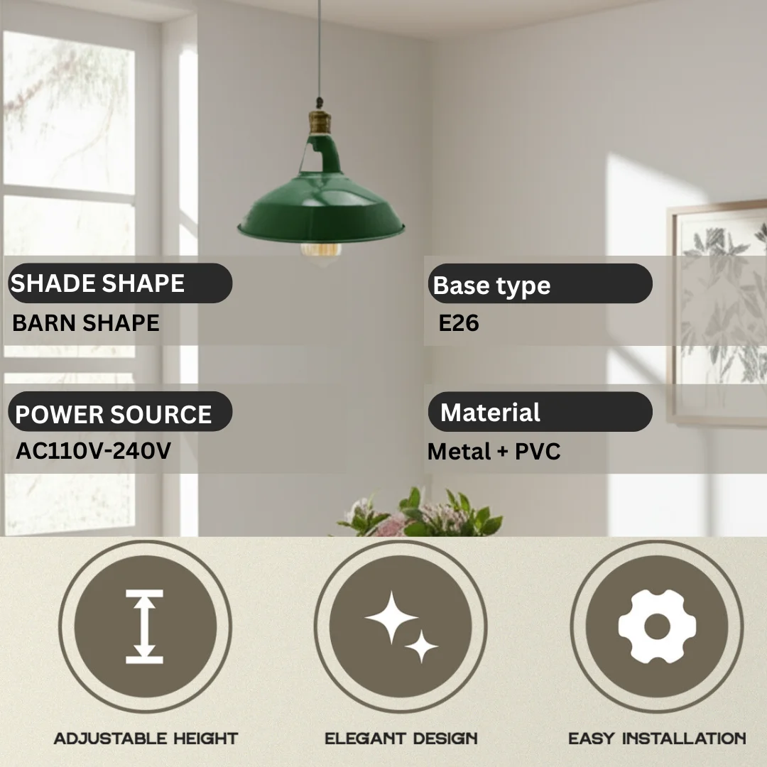 Green metal pendant lamp with modern barn shade design, hanging from ceiling with 95cm PVC cable and E26 base